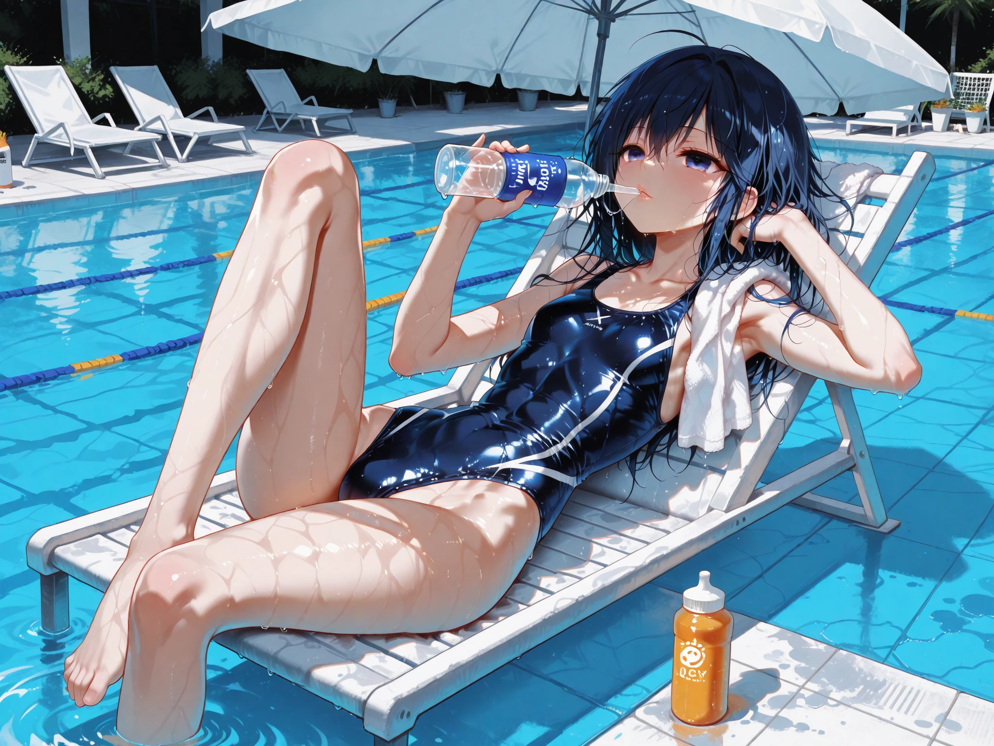 A female student with black and blue hair in swimming trunks lying on a bed