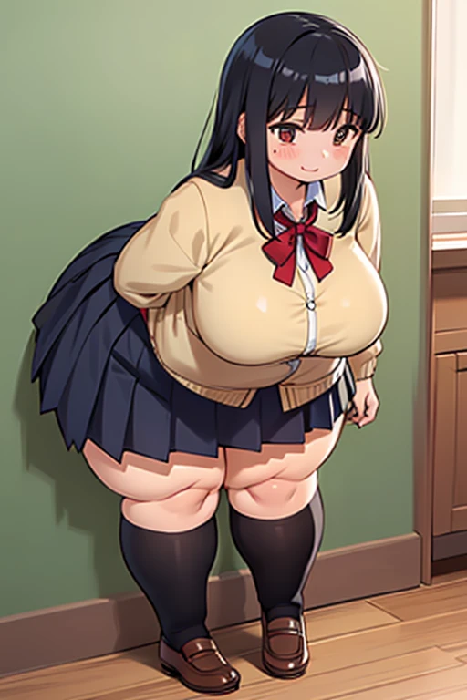 A Beautiful, Very Cute Girl, ((17 years-old)), with (Long Brown Hair), (Beautiful Blue Eyes), (((Huge Breasts))), (((Thick Thighs, Gigantic Thighs, Extremely Oversized Thighs, Enormous Thighs))), Extremely Plump, Curvy, Overwhelmingly Thick, Incredibly wide hips, Extremely Thick Figure. She’s wearing a Cute Black Hoodie, and a ((Short Red Pleated Skirt)). Sitting in a Modern House, with an embarrassed expression, she’s embarrassed because her skirt is a little too short, and her thighs are too overly Huge.