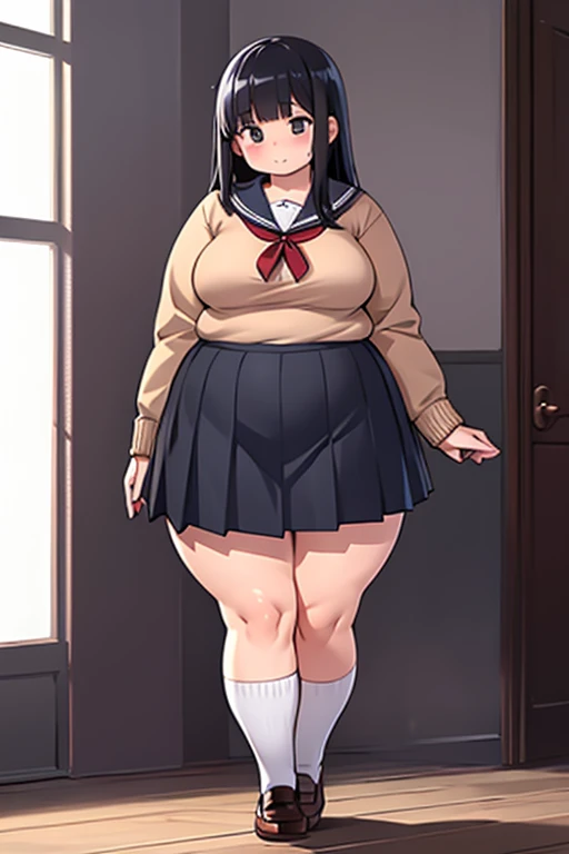 ((Masterpiece)), perfect anatomy, perfect shading, field of depth, (best quality), extremely delicate and beautiful, perfect lighting, detailed face, ultra cute face, cute, ((1girl)), ((solo))

long fluffy black hair, glasses, green eyes, ((blush)), nervous, looking at viewer, sweater, short skirt, medium breasts, arms behind back, ((thick thighs)), (wide hips), ((plump)), chubby belly,

intricate background, detailed background, book store

