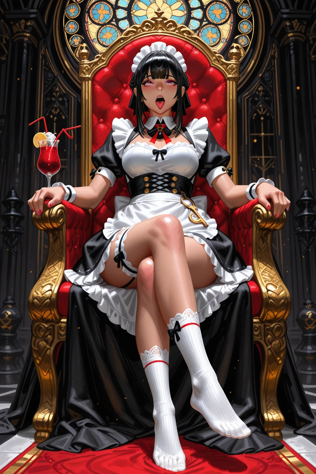 e7 Chloe <lora:e7 Chloe:1>, (((two-tone hair))),(((half black hair and half white hair))), twintails with red ribbons, (purple eyes), (small breasts), (small crown), ((white stocking with black stripes)), 
(masterpiece),  best quality, highres, 4k, 8k, Detailed Illustration, intricate detail, cinematic lighting, amazing quality, 1girl, fit female, amazing shading, soft lighting, facing camera,
sitting in her throne at the throne room, ((nsfw))