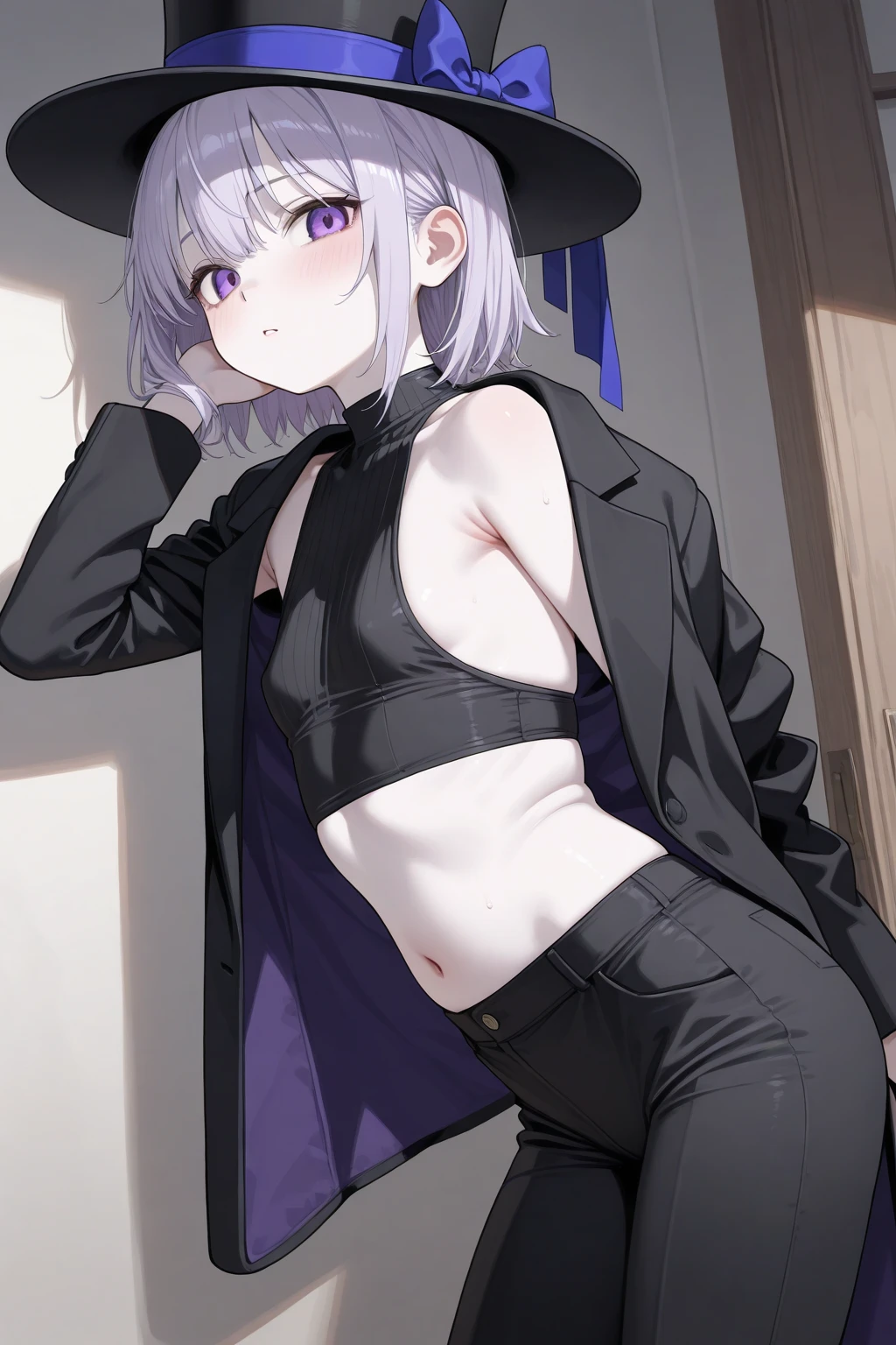 best quality, super fine, 16k, incredibly absurdres, extremely detailed, delicate and dynamic, cute boyish goddess, short bouncy silver messy hair, captivating look, aroused expression, purple eyes, (thin flat body line:1.3), black ninja-like outfit, cropped shirt, abs, knee-length short pants, hiding in an old castle, night, moon light