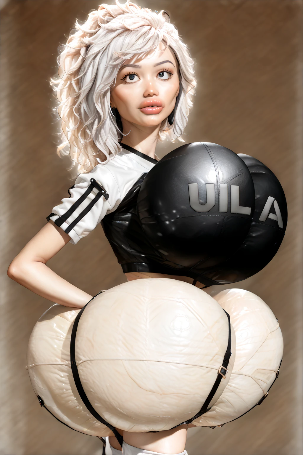 a woman in a white dress, holding a sign that says "subscribe", high quality image, promo image, on a pink canva, woman holding sign, (Masterpiece, full body, Top Quality, Top Quality, Official Art, Beautiful and Aesthetic: 1.2), Ultra-detailed complex 3D rendering of face, ((Huge breasts: 2.4)), (Exposed back: 1.5), (Exposed shoulders: 1.1), (Exposure: 2.1), Perfect figure: 1.4, slim abs: 1.1, braless: 2.2), abs, cleavage, blonde, white skin, strong ass, ass focus, thick thighs, from behind, looking at viewer, abs, cleavage, blonde, white skin, smiling lightly, mouth closed