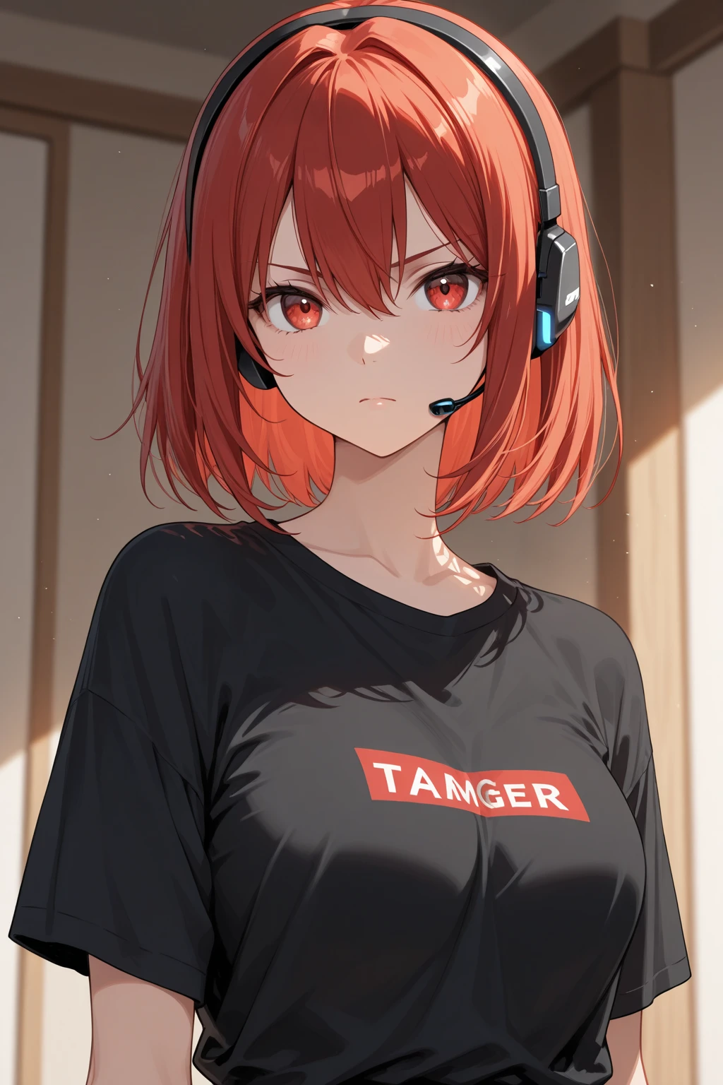 masterpiece, best quality, highres, adrianaR, smile, high ponytail, red hair, blank stare, empty eyes, open jacket, black choker, collarbone, single glove, fingerless glove, black gloves, smoking pipe, hood down, shirt, brown eyes, black jacket, cleavage, ahoge, long sleeves, necklace, zipper, zipper pull tab, red jacket, armband, bags under eyes, black shirt, upper body, arms behind back<lora:Adriana2-10:1.0>