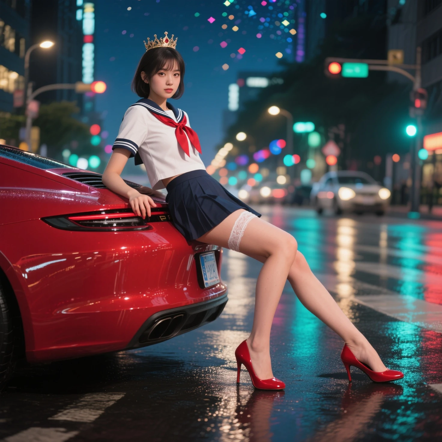 SFW, (Closeup from Crotch to Face) ExtremelyDetailed (SchoolGirl Lean against the Car) Spread Knees Up, perfect face, Brilliant(Tiny Crown), Detailed(Delicate Clothing textures) Sailor Uniform with Red Ribbon (((WhitePanties))), PerfectHand with 4Fingers and one Thumb, Corrected Childish Fingers, Corrected Leg to Foot Line, ((Starry Colorful Lights at Dusk City))((specular reflection of car body)), ((Hidden Arm) Hidden Sole) Red[High-Heels], TopQuality 8K Ultra-detailed masterpiece (ProfessionalPhoto:1.37)(Acutance:0.8)