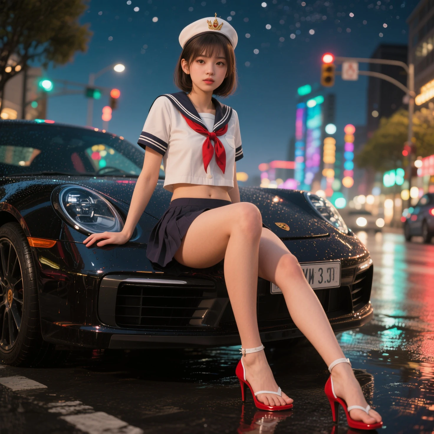 SFW, (Closeup from Crotch to Face) ExtremelyDetailed (SchoolGirl Lean against the Car) Spread Knees Up, perfect face, Brilliant(Tiny Crown), Detailed(Delicate Clothing textures) Sailor Uniform with Red Ribbon (((WhitePanties))), PerfectHand with Childish 4Fingers and one Thumb, Corrected Leg to Foot Line, ((Starry Colorful Lights at Dusk Shibuya)) Large Screens, ((Specular Reflection:1.32)Shiny Wet Road)Shiny Cars, ((Hidden Arm) Hidden Sole) Red[High-heels], TopQuality 8K Ultra-detailed masterpiece (ProfessionalPhoto:1.37)(Acutance:0.8),(Luminism)