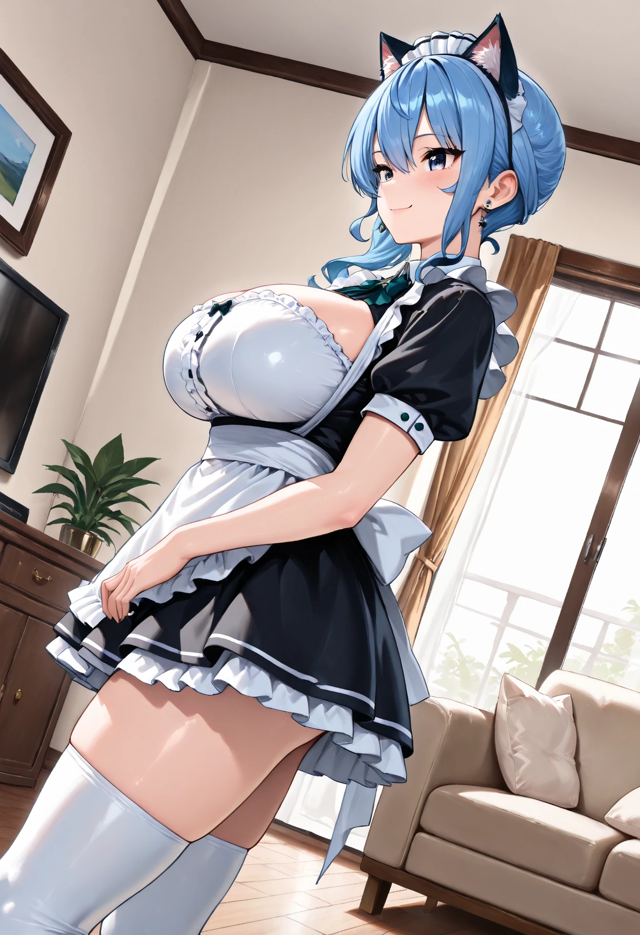 1 girl, blue hair , Alone, (White apron), big breasts, neckline, thighs.