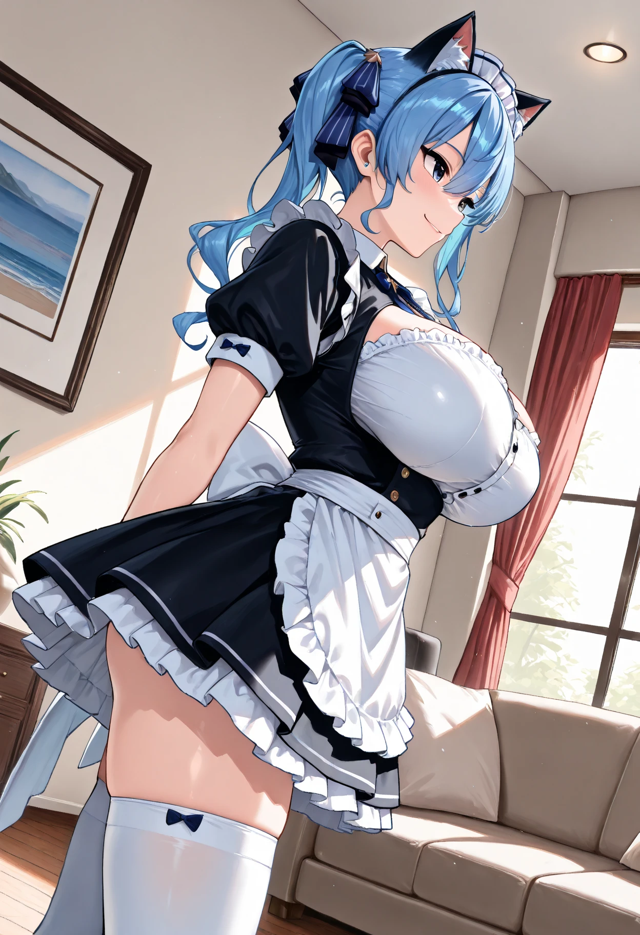 (full body image:1.5), (princess zelda, standing, alone:1.2) ,(big breasts:1.5), (She is wearing a black maid outfit with a very short white skirt./Extremely tight suit on your body:1.3), (she is inside a hotel room in front of a bed:1.3), She has (Blue eyes, dark green mohawk hair:1.2), (she's smiling, looking at the viewer. exhibitionist pose:1.2), animated style, 16k, Best Quality, High details, textured skin, UHD, Masterpiece, anatomically correct