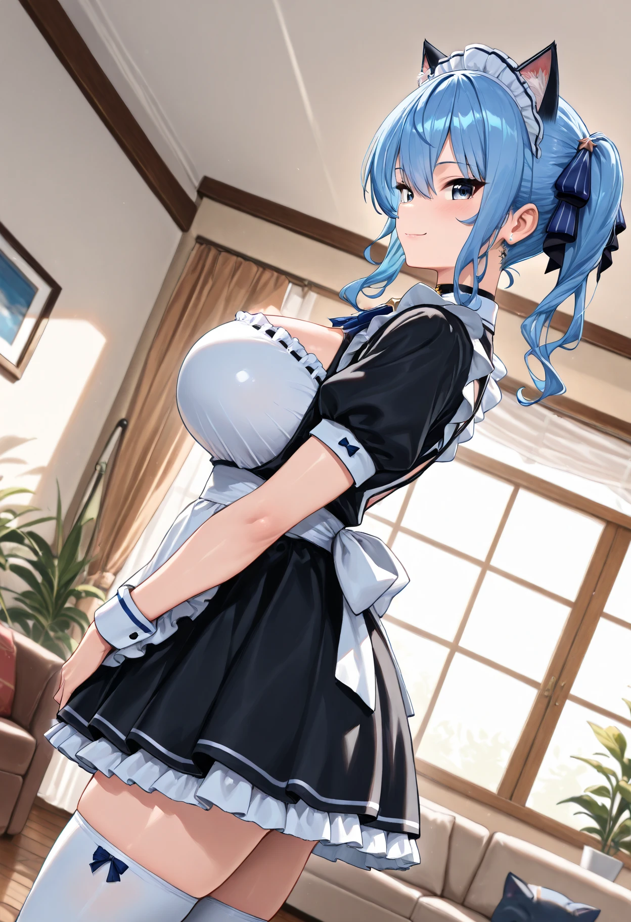 ((最high quality, 8k, masterpiece)), High resolution、(high quality: 1.5)、Very detailed、Detailed face、Bright colors、Natural light、Fine grain、Colorful eyes、Beautiful Face、非常にDetailed faceのテクスチャの女性,masterpiece, 最high quality, Detailed and beautiful eyes,最high quality、Best image quality、masterpiece、Mr.々Hairstyle,girl,(Blue Hair),Just beautiful、smile,masterpiece、最high quality、Big Breasts,mature female,so beautiful、High resolution,(Rich:1.3),(noble:1.3),1 person,Thighs,(Maid:1.3),clear,make,(nobleの館:1.3),(smile)、smile,(masterpiece:1.2)、(最high quality:1.2)、Latest Glossy Skin