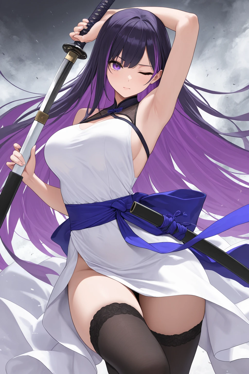 (masterpiece, best quality:1.2), cowboy shot, solo, 1girl, saeko busujima, sexy, NSFW, bikini, revealing outfit, big breasts, katana, sexy back, sleeveless, minimal clothing, ponytail, beautiful, wardrobe malfunction, looking at viewer, absurdres, high res, ultrasharp, 8k, masterpiece