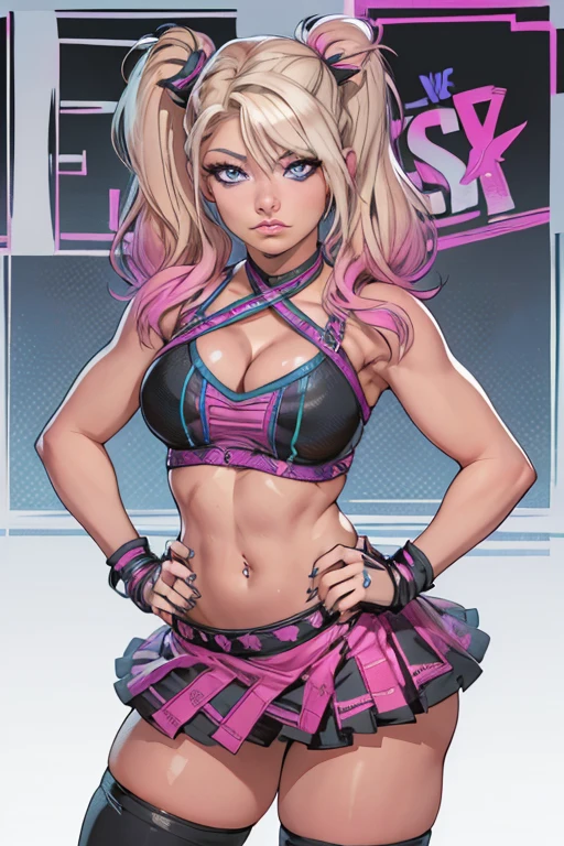 (artwork:1.0), (best_quality:1.2), ((fitness, muscular)), ((Classic Rogue, 1991 Rogue X-Men, 1girl, solo, medium length hair, ((brown hair, Wavy hair, messy hair, a strand of white hair)), bow hair, green eyes, mischievous look, smiling, curvy figure, medium breasts, lipstick, fitness)), ((nurse cap, revealing clothes, shrug (clothing), short sleeves, (layered bikini:1.3), purple bikini, green bikini, green gloves, elbow gloves, pink belt, black skirt, microskirt, green thighhighs, garter straps, ( convention:1.5), (inside, auditorium, convention background), high ceiling, crowded))