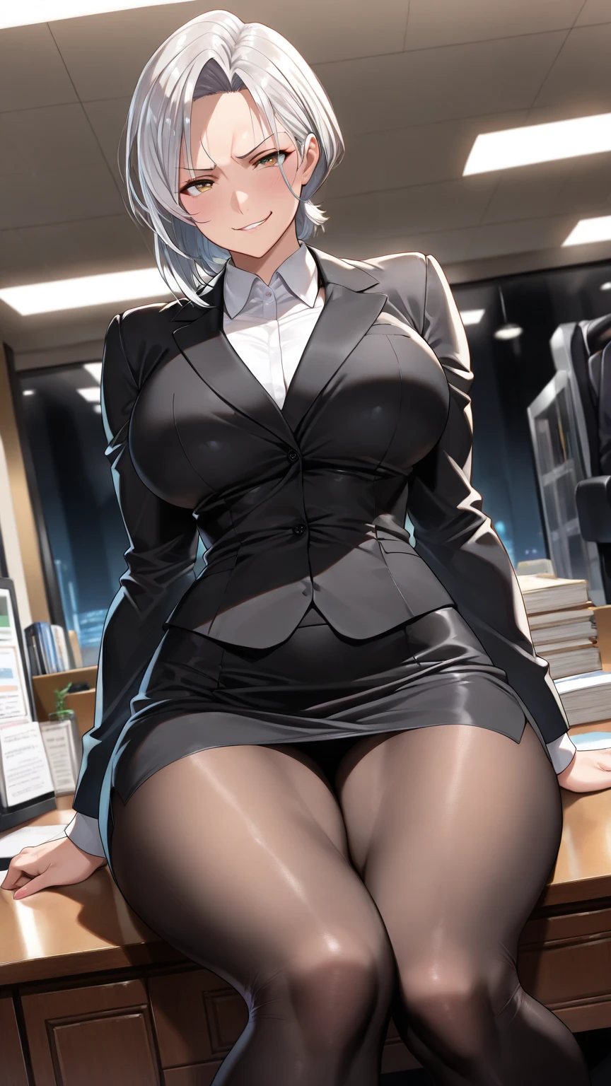 ((masterpiece)), ((best quality)), ((highest quality)), ((ultra-detailed)), ((8k cg wallpaper)), ((extremely delicate and beautiful)), ((illustration)), (high resolution), 1lady, smile, pantyhose, detailed hands, sitting in office chair, office desk, looking at viewer, blue eyes, black skirt, raised (a hot secretary, pencil skirt, stockings, sitting on a white sofa, surrounded by five dark-skinned men who desire sex), (best quality,4k,8k,highres,masterpiece:1.2), ultra-detailed,(realistic,photorealistic,photo-realistic:1.37), passionate, confident, seductive expression, alluring eyes, luscious lips, flawlessly styled hair, elegant black blouse, perfectly tailored silhouette, high heels, stockings, luxurious satin stockings, shapely legs, sensual poses, yearning eyes, desire-filled gaze, muscular physique, chiseled features, alluring smiles, intense longing, dark and mysterious presence, masculine energy, vibrant colors, warm lighting, spread her legs, pantyhose, mommy, milf sexyThere is a beautiful woman in an office setting. She has stunning, detailed eyes and lips, and she's wearing a flirtatious smile. Her blonde hair is perfectly styled. She's dressed in a sexy secretary outfit, complete with a pencil skirt, stockings, and high heels. As she sits on a white sofa, surrounded by five dark-skinned men, desire fills the air. The office desk is cluttered with papers and a computer, and the window reflects the vibrant lights of the city. The prompt is of the best quality, with ultra-detailed and realistic features. The colors are enhanced with HDR and studio lighting, creating an intimate and seductive atmosphere.