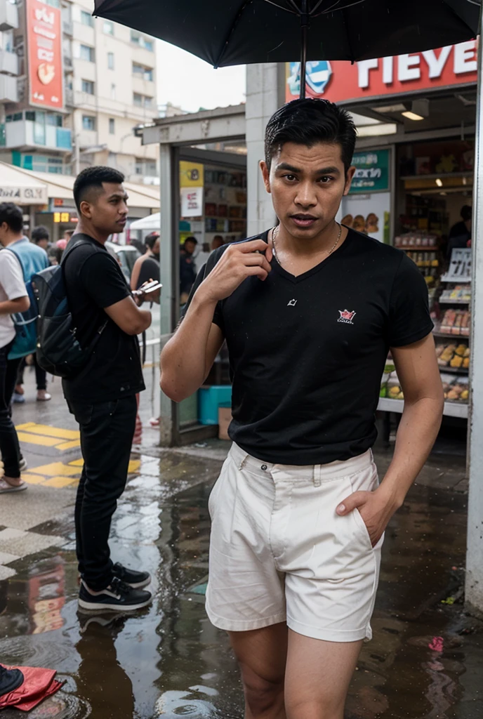 Full body image of handsome Korean,lean body, 15 year olds standing halfway to the viewer, turn half face,rainy Bangkok city centre street, skinny fat body, nude shirtless Tanga underwear
