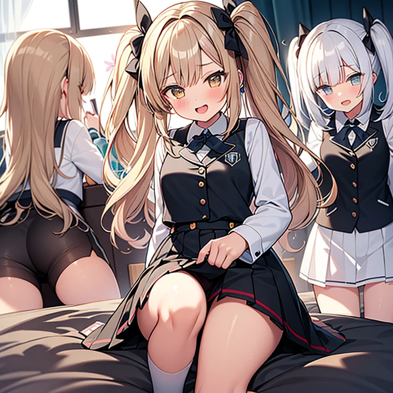 ((highest quality)), ((masterpiece)), (3 girls:1.5), Three cute girls are posing for the camera in a pink hotel at night。, (shirtを持ち上げる:1.3), (three people standing together), (Close-up shot from the waist up), (open your mouth and smile:1.3), ray tracing, ((topless)), (), nipple, chest, hair band, head band, hair bobble, blouse, shirt, (high resolution face:1.5), (High definition finger 1.5),4-year-old, 5 years old, 6 years old, 7 years old, ((No panties)), Pussy, No skirts, Asian, Westerners, silver hair, brown hair, blonde, (belly button), jewelry, looking at the viewer, necklace, long hair, short hair, (abs),(written boundary depth),
