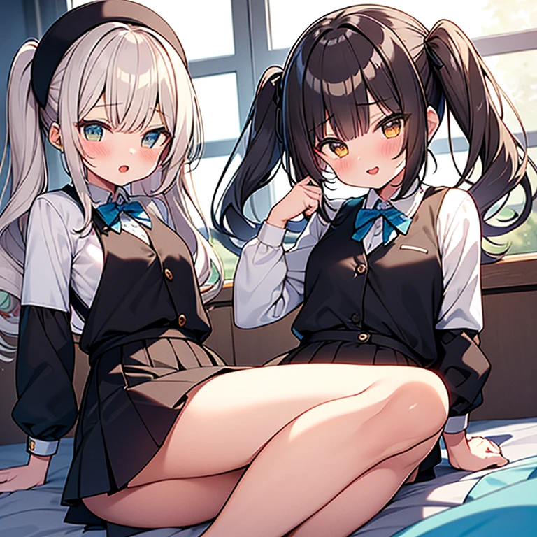 4 Girls with with grey hair, ((fringed and curly hair)),((curly short twintail)), curly hair ,(red eyes), ((small bushy eyebrows)), wearing gothic lolita clothing, lolicon , walking to school, flirty smile,, walking to school, bored look, bored face,, (sitting with legs open lifting her skirt to show her vagina wet with semen),( 4 diferent girls having sex)