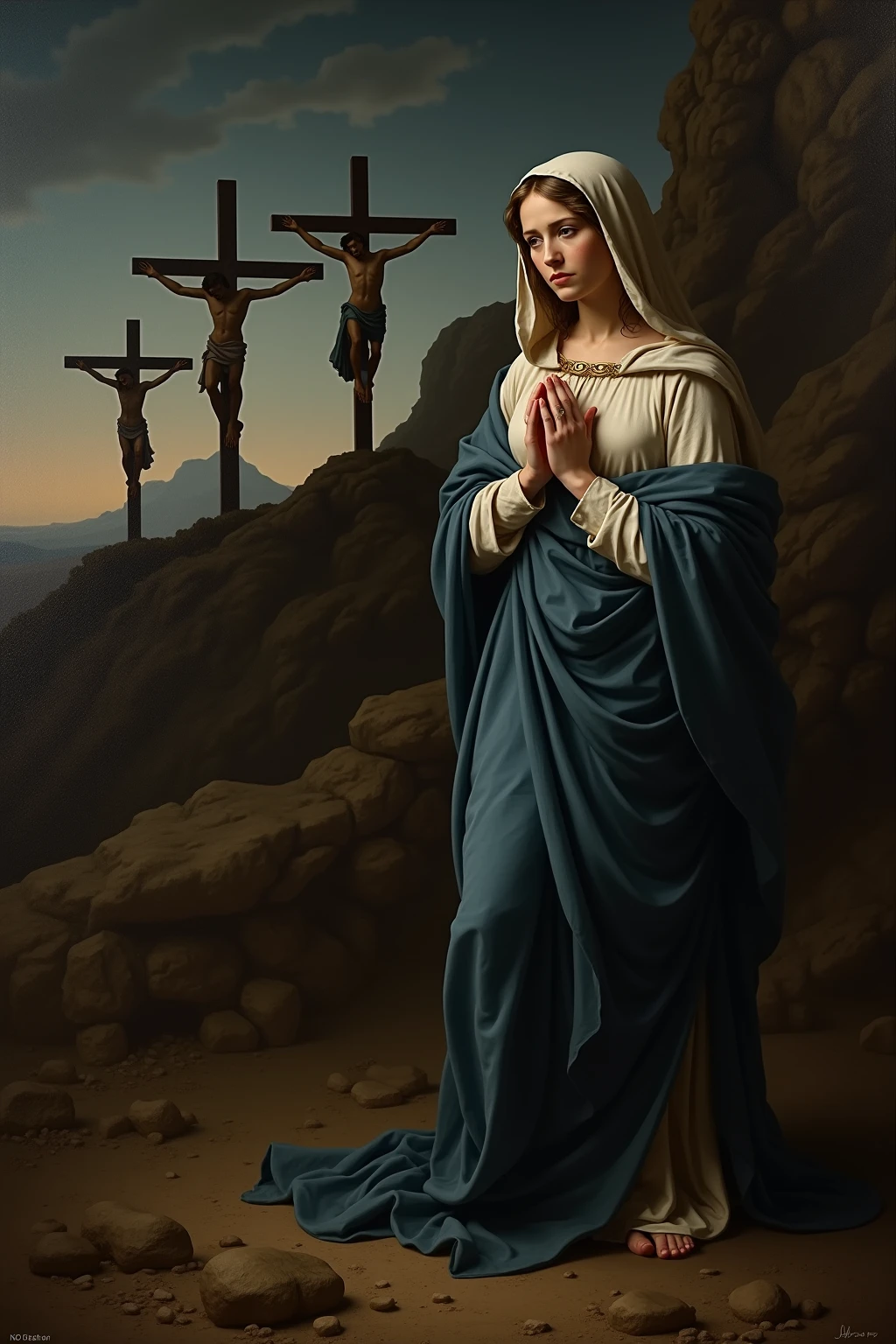 Bookmark of Saint Mary Magdalene holding a crucifix crying with the sunset beside her