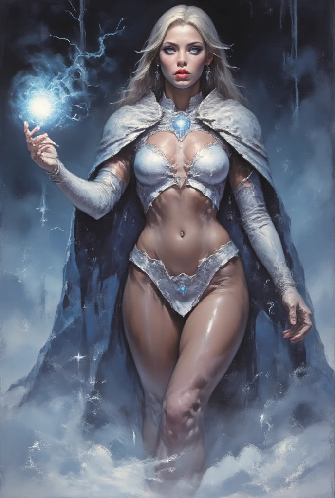 1girl, sorceress, full body shot, see-through robe, blue-white hair, frost mage