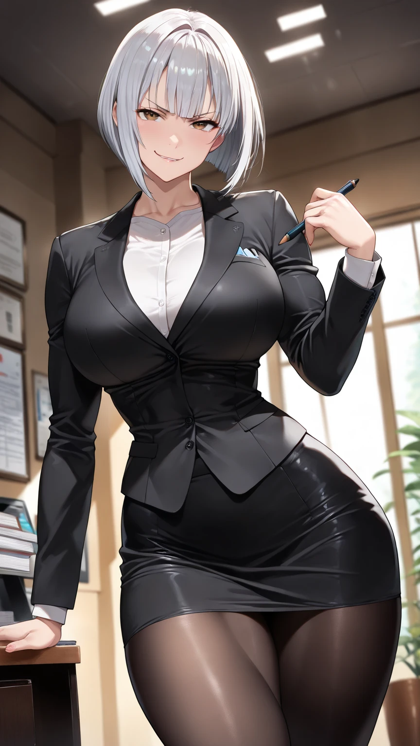 Anthro shark maiden, white hair, purple eyes, grey skin, pants, brown jacket, huge thighs, huge breasts, (huge hips:1.2), by kissxmaker, (office:1.3), glossy skin, braid, office_lady, holding pencil, CosmiEyes,