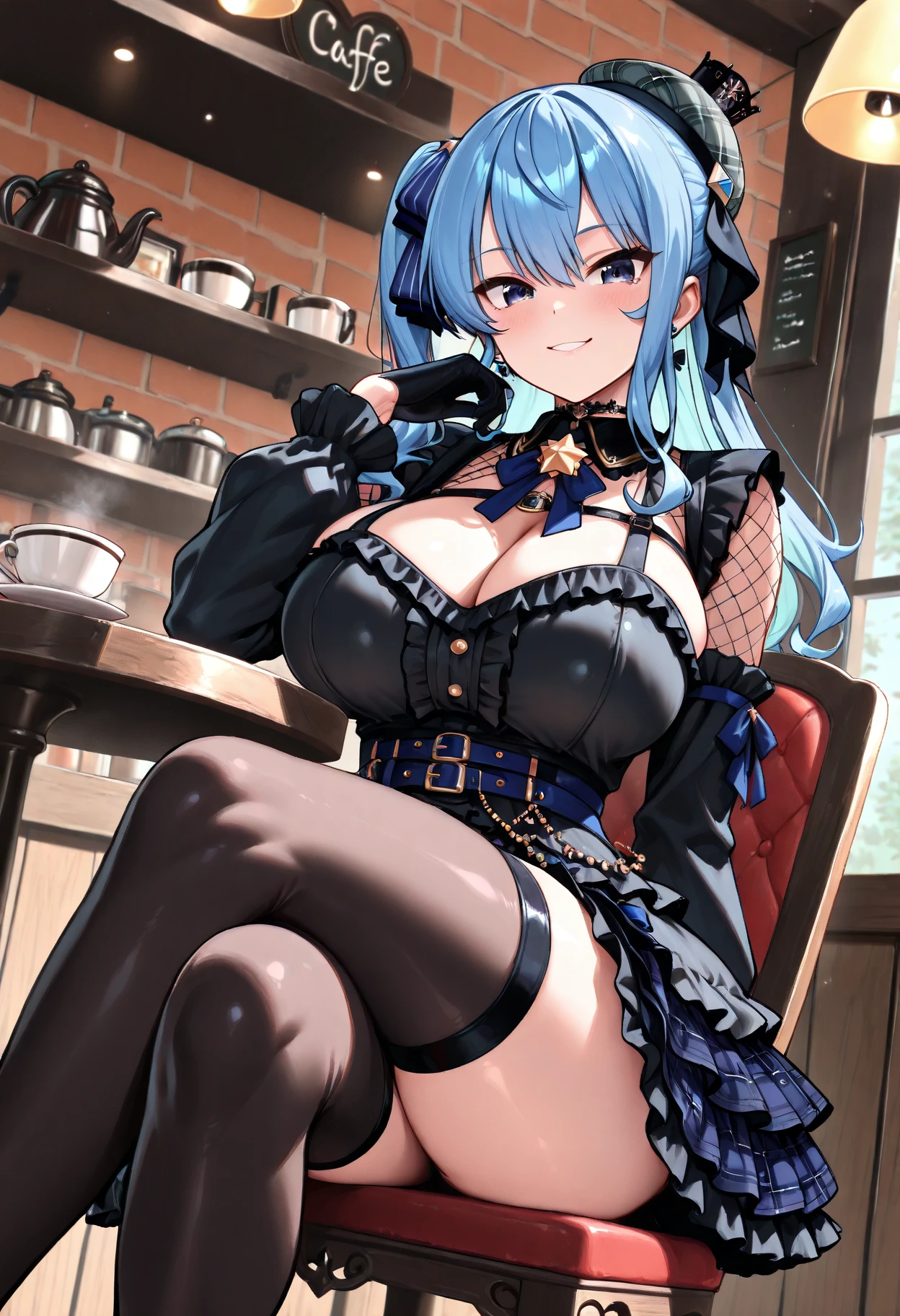 (perky chest:1.2), (pointed chest:1.2),(((Black Tunic:1.3))),(((cakes and bread in the basket),Cute and beautiful girl,masterpiece、highest quality、Very detailed、Beautiful fine details、One Girl、Detailed landscape、Training gym Room Background:1.4、Braided Ponytail、Red camisole、((B cup breasts, Tank top showing underboob:1.3)), black jacket, thigh strap, bangs, necktie, earrings, nail polish, fishnet pantyhose, multicolored hair, looking at viewer, full body, bottle, own hands together, belt, food, animal on head, black necktie, ring, choker, english text paper:1.2, collared shirt, blue eyes, platform boots, hat,lace-up boots ,
