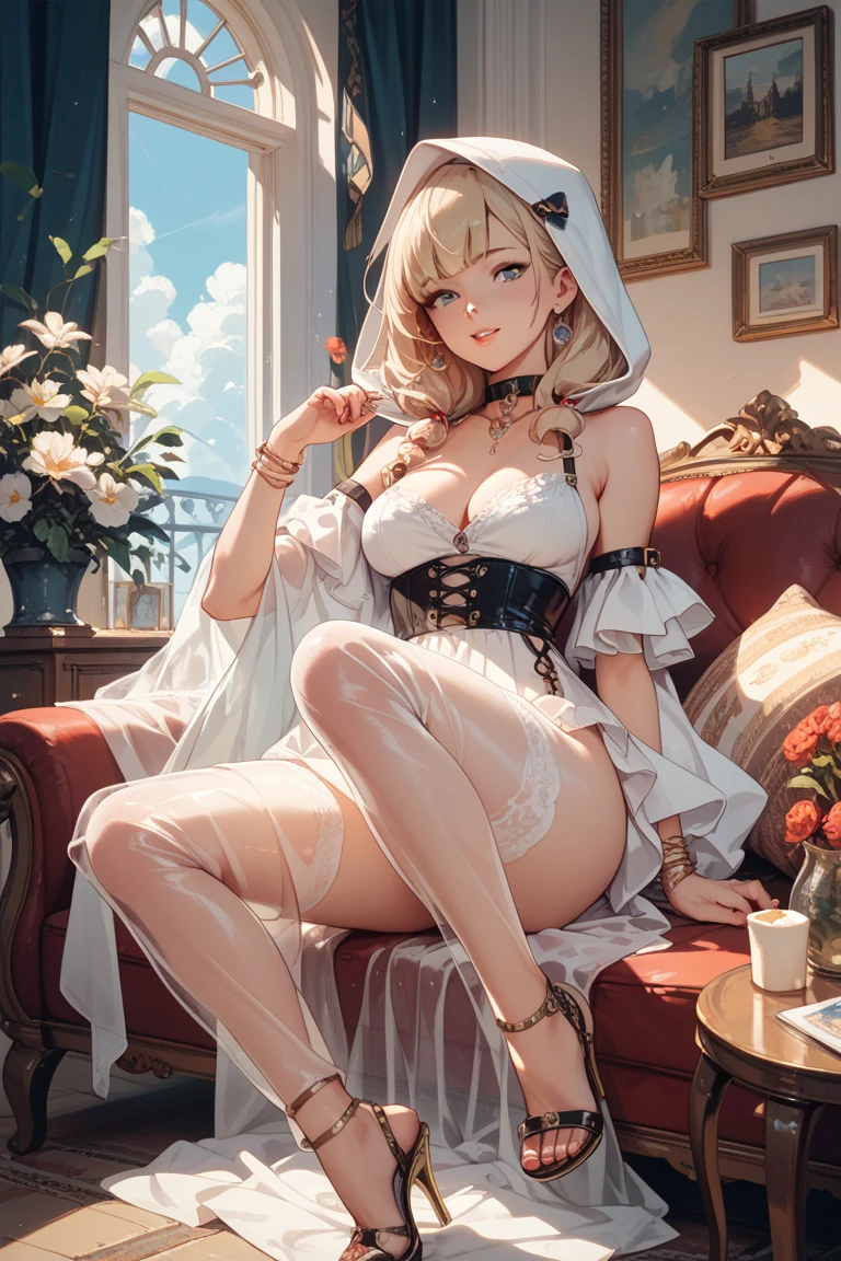 (hyperrealistic), (illustration), (high resolution), (8K), (extremely detailed), (best illustration), (beautiful detailed eyes), (best quality), (ultra-detailed), (masterpiece), (wallpaper), (detailed face), solo, (dynamic pose), 1 girl, white wavy hair at school, Korean, heterochromic eyes, small moles under the eyes, , large breasts, long legs, , (camel toes), (white stockings), (no panties), legs stained with , open legs, Others looked at in surprise, shy, and blushing  
