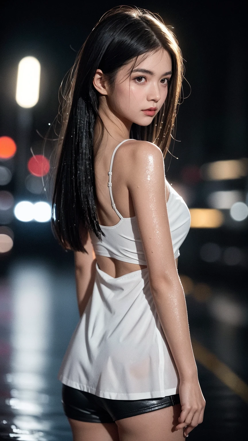 ((Best quality, 8k)), lace mini sexy dress, standing in the rain, red light district, highly detailed face and skin texture, detailed eyes, wet dress, wet body
