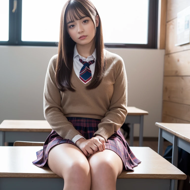 ((12-year-old girl with a young face)) and ((medium breasts)) and (((thick beautiful legs))) and ((round eyes and short)), school classroom, (Japan girls), Side angle
