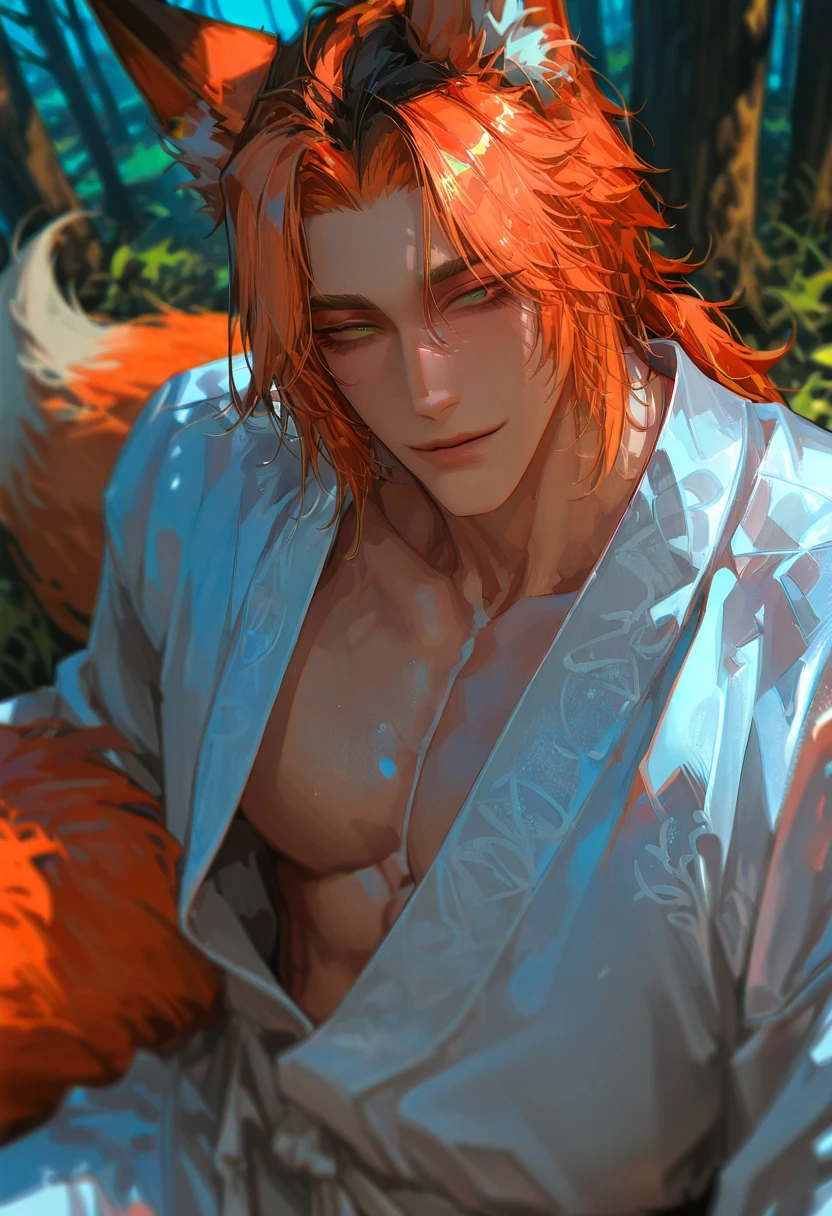 Handsome Kitsune young man, long red hair, fangs, fox ears, fox tails, kitsune mask, long nails, white robe