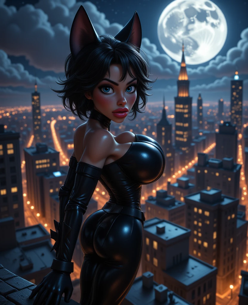 Hyper realistic super detailed sexy woman, Une fille confiante, NSFW (en anglais seulement), Very detailed, expressions faciales sexy, seductive facial expressions, [:(Face detail: 1.4): 0.4], 16K resolution, 4k resolution, dinamic lighting, High definition resolution, (sexy pose, Attractive position), (hyper realistic: 1.4), (back light: 1.2), (sun light: 1), (pleine hauteur: 1.8),(contrasting background: 1.5), (Anatomy of the hyperrealistic arm), (Hyperrealistic leg anatomy), (peau propre), (lighting cinematic: 1.7), (intime), (Technologie NVIDIA RTX Ray Tracing), (Anatomy of the hyperrealistic arm: 2), (Ventre plat parfait), (image couleur), (Masterpiece, 4k resolution, ultra-realistic, Very detailed), Create a 4K masterpiece, ultra-realistic and incredibly detailed, featuring Catwoman as the central subject. Catwoman, also known as Selina Kyle, is a charismatic anti-heroine known for her cunning and alluring presence. She stands amidst the dimly lit rooftops of Gotham City, the urban skyline and moonlit night as her backdrop.

Catwoman has her signature look, with her sleek black catsuit, mask, and whip. Her captivating green eyes exude both cunning and determination. Her dark hair cascades down her back, adding to her mysterious allure.

The artwork should portray Catwoman in full body, in a dynamic yet graceful pose that reflects her agility and charm. Perhaps she's in the midst of a rooftop heist, poised to make a daring leap across the cityscape or using her whip for acrobatic maneuvering. The Gotham City rooftop setting should be rendered with dynamic lighting, with the moon casting a subtle glow on the scene, and the city's lights illuminating the night, creating a captivating atmosphere that complements Catwoman's presence.