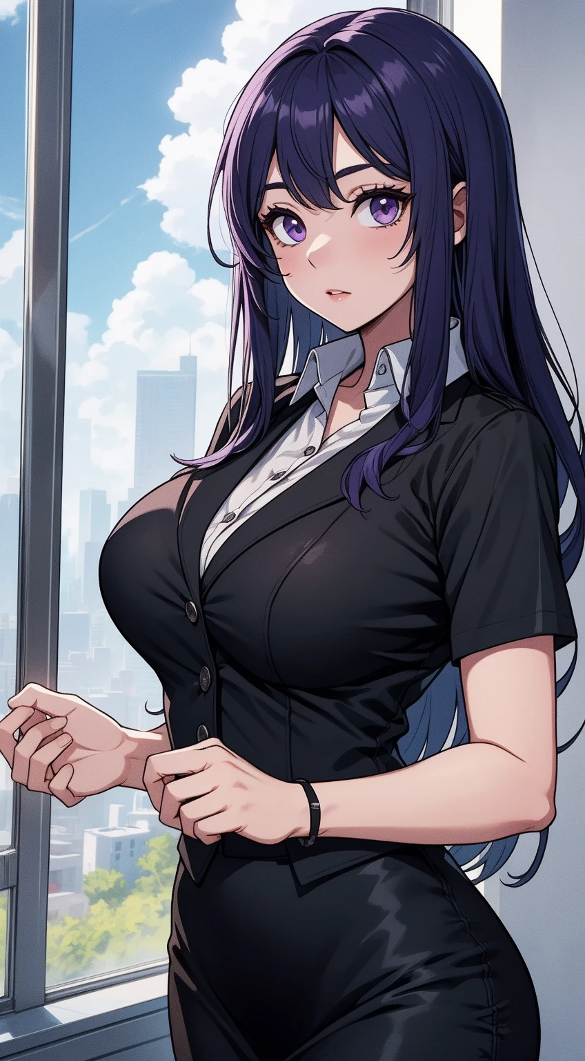 （masterpiece，Best Quality）， Beautiful woman， Upper body professional wear white shirt， Appears in a slim-fitting, professional-looking black pant.， ， Long Wavy Hair， Micro curly bangs， Perfect face， Beautiful Face， Cleavage is seductive， Big beautiful eyes， A kind smile， Perfect slim body， City streets，in front of ，Full body photo， Bright colors