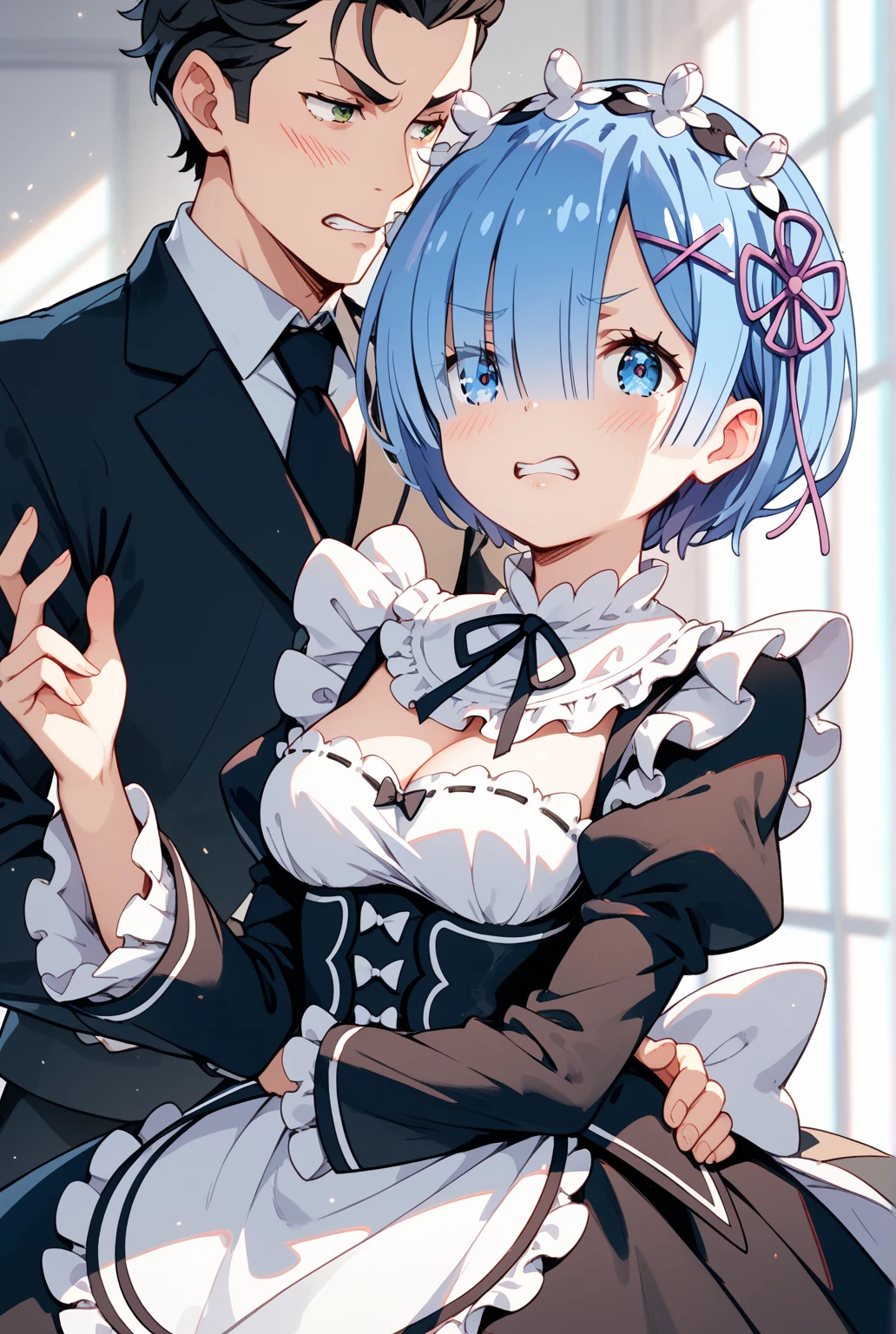 (man and woman kissing:1.6), (French kiss:1.6), (masterpiece, Best Quality, high resolution, nffsw, Perfect Pixel, depth of fields, 4K), , Perfect body, , (boy and girl:1.6), (2 human in picture:1.6) boy on top, Eft_ReZero_Rem, rem (re:zero), blue hair, , blue eyes, roswaal mansion maid uniform, short hair, maid, hair over one eye, hair ornament, breasts, detached sleeves, ribbon, x hair ornament, cleavage, hair ribbon, , maid headdress, pink ribbon, , parody, , neck ribbon, frills, bangs, black ribbon, (large boob:1.2) , nsfw,(ecstasy:1.3) ,(slut:1.2),(vulgarity:1.3),(fucked silly:1.1),(steam:1.1),(wet:0.8),(trembling:0.8),(tears:0.7) ,(drooling:0.6),(sweat:0.8), wince,(orgasm:1.5), , (nipples:1.4), , ,,(hardcore,sex:1.4), , (grope breasts:1.6) ,(he licking her breast:1.6),{{{breastfeeding:1.6}}},