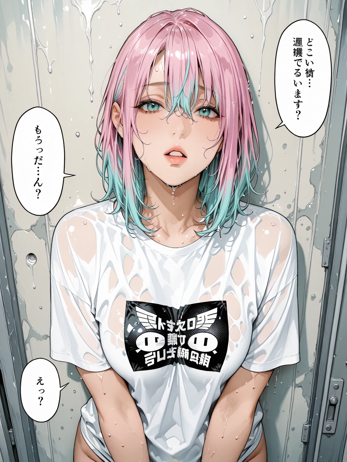 Magazine cover(masterpiece, best quality:1.2),woman,(((The eyes are delicate)))((Wet clothes)),Pink underwear,outdoor,rain(8K)(HD)