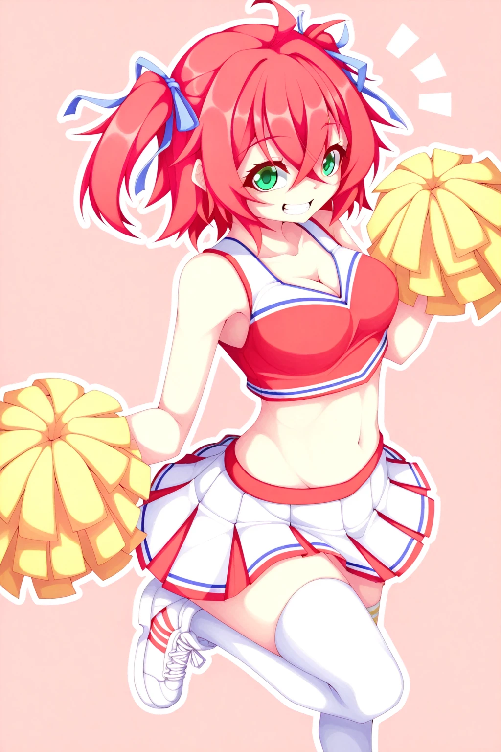 Medium tits、a navel、a miniskirt、Red Buruma、Raw feet、armpit、Beautiful thighs、is standing、outside of house、sports ground、red blush、A smile, cheerleaders、pompoms、Raising one leg、Pink medium hair、
