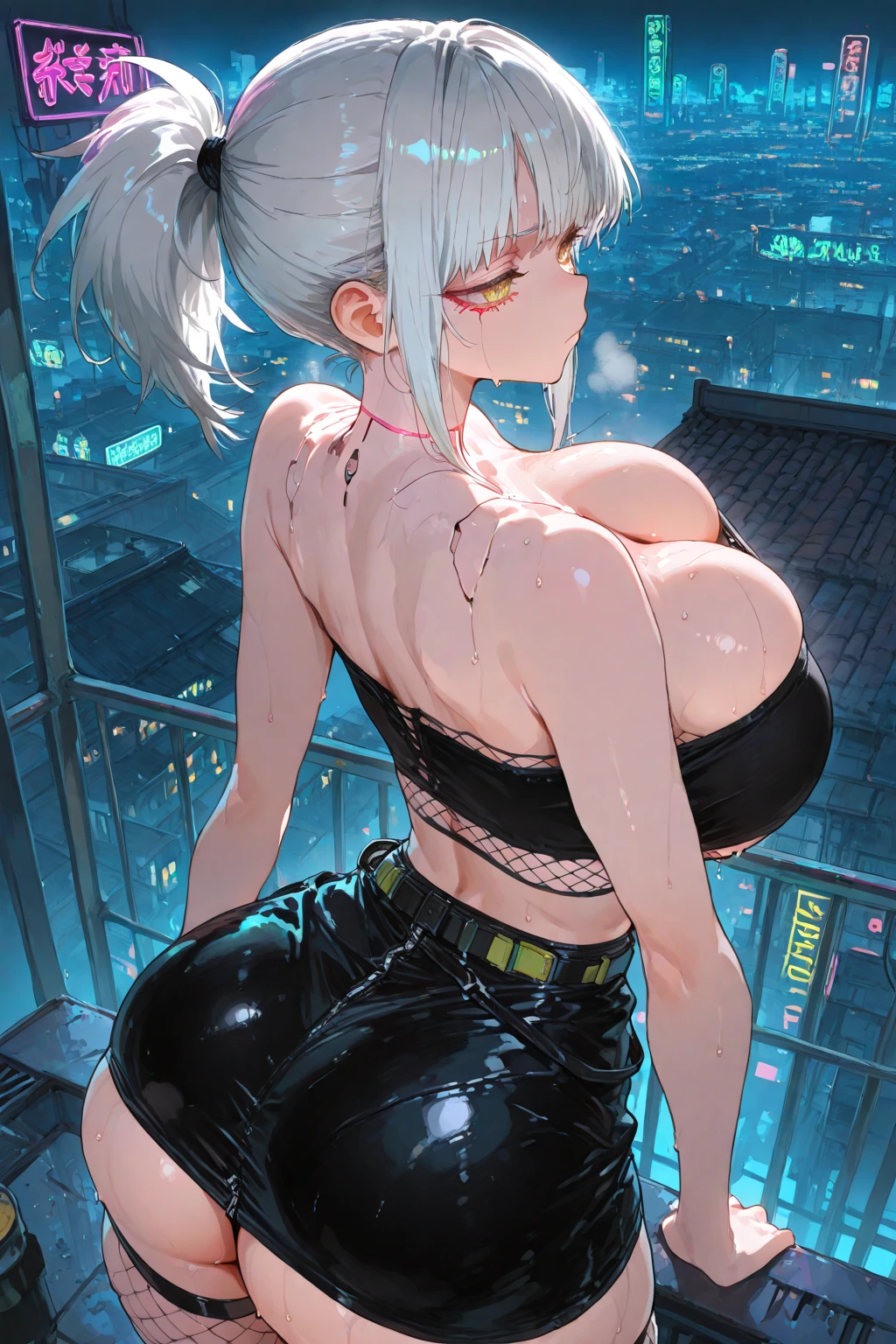 Frank R. Paul, John Austen, Yoshitaka Amano, Surreal, mysterious, strange, fantastical, fantasy, Sci-fi, Japanese anime, countless pieces of the universe falling like a rain, Einstein's equation of gravity, city, beautiful girl in a miniskirt looking up at the sky, detailed masterpiece Hyper realistic sharp focus tits sexy ass erotic real 