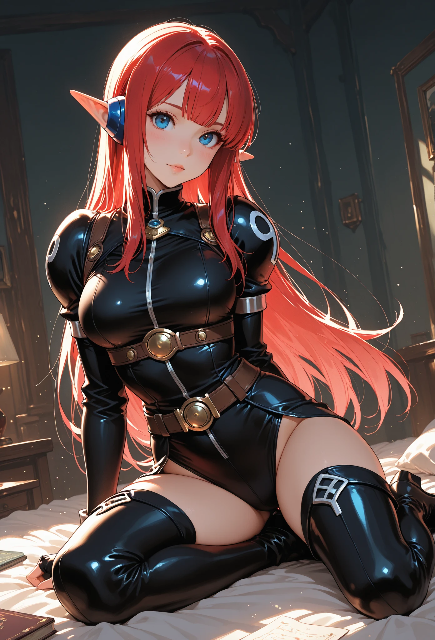 (masterpiece, best quality, ultra_detailed, highres, absurdres:1.2), Pretty 1girl, speakini, multicolor long hair, (red hair:1.3), very dark skin, twintails, (slight smile:0.8), (mask:0.75), face straps, bra, wristbands, dark gray elbow gloves, dark gray thighhighs, fingerless gloves, neck choker, vibrator, harness, headphones, cybernetics, looking at viewer, dystopian cityscape, fucking a dildo, sit, solo, alone, cartoon style, bokeh, ((volumetric, rim) lighting:1.3), (nsfw:1.75), full body, <lora:speakini_xl-gen1-v1.2-000143:0.35>