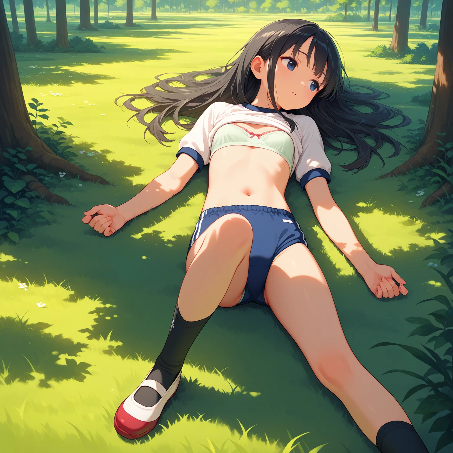 masterpiece, ultra quality, ultra sharp, ultra detailed, 1girl, solo, (((good anatomy))), haduki kurumi, (tattered torn dripping wet white gym shirt), navy gym pants, animal ears, randoseru, name tag, Japanese anime pose, laugh, BurumaShorts, Buruma, Gym Uniform, (((lying:1.4, spread_legs, legspread, split_legs, spreading legs)), (randoseru backpack:1.4), (smirk smile), buruma, blue buruma, black buruma, (cameltoe), (tattered torn short sleeve white gym uniform with colored hem), (tiny nipples), (white long loose socks), strong lighting, legspread, bukkake, cum on clothes, cum on legs, cum on buruma, cum on bloomers,