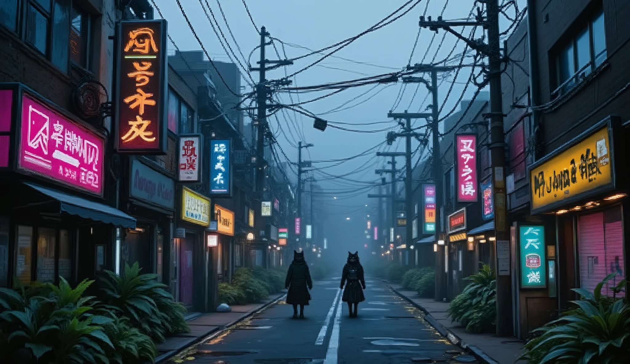 View of a city covered by fog with several neon signs and vegetation everywhere, inspired by Tokyo but with a cyberpunk touch, ultra realistic 4k image with a slight blur on the camera, exchange the inhabitants of the city for cats dressed in post-apocalyptic clothes, Shades of the lights should be pink and blue