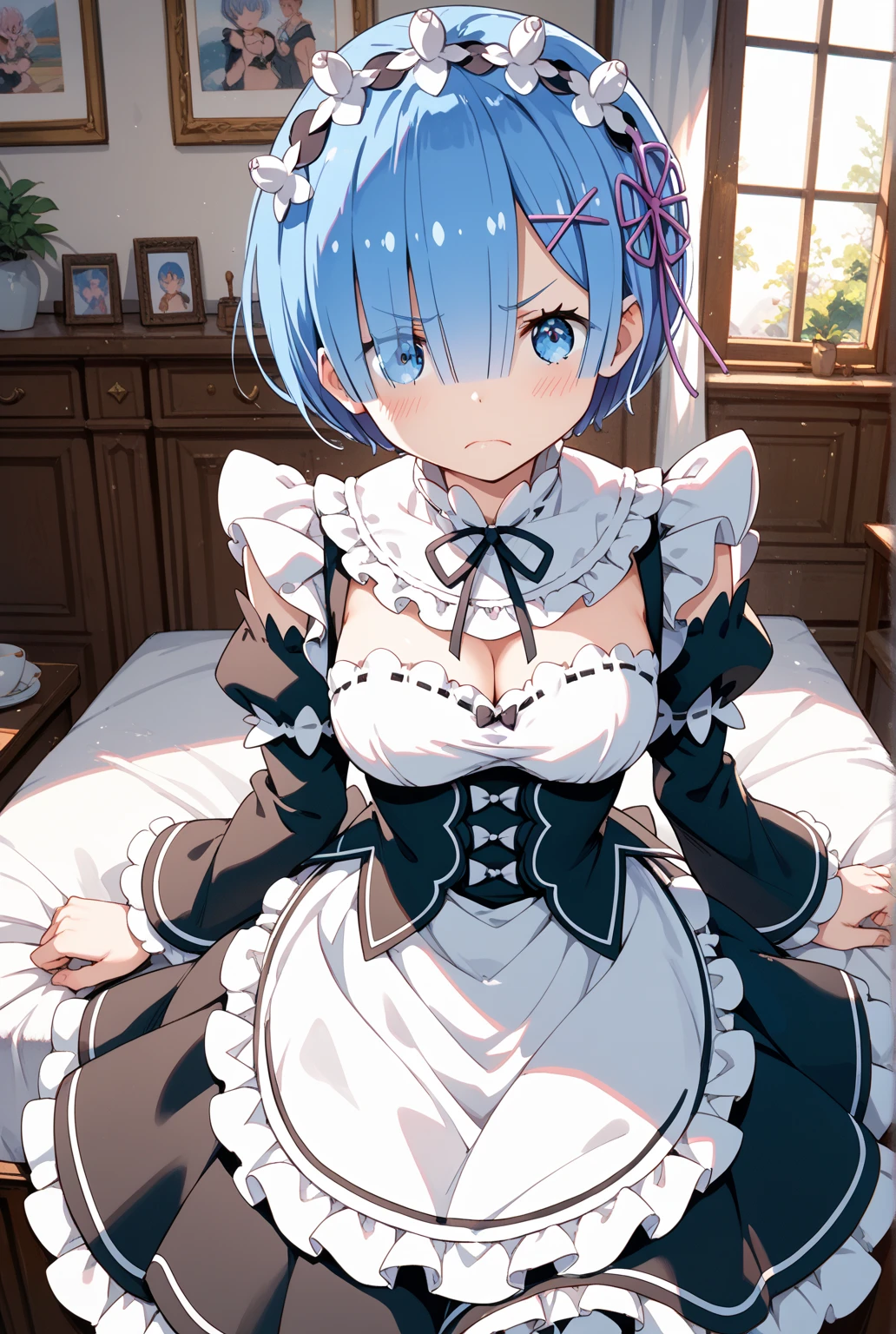 masterpiece, Highest quality, Super detailed, sharp, Spectacular lighting, Structure of the film, Portraiture, One girl, alone, Againm_Again_zero, , Light blue hair, short hair, medium bAgainasts, (Hair on one eye:1.3), blue eyes, (White knee socks:1.1), Garter Straps, White panties, belly button, White bra, lying on bed, (~ side:1.1), Seductive pose, indoor, bedroom, bed,(8k:1.1)