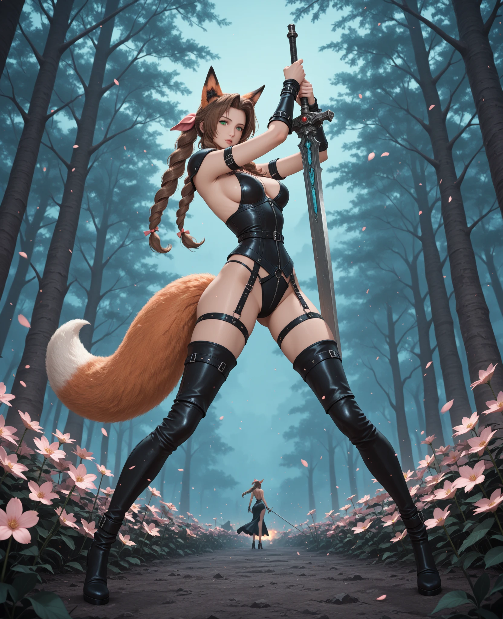 long shot realistic midnight of japan city. a full body Fox devil's nine tails women copper hair wearing mask and future ninja suit. Show back side squatting on top of the electric pole. Pose shh gesture. Smoke and ice effect 