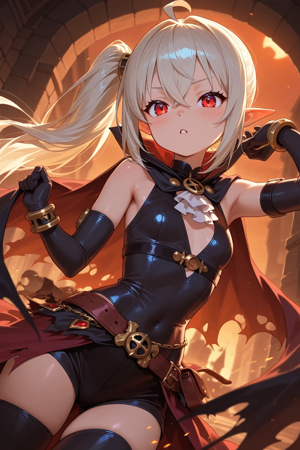 1 girl、Silver short hair、Red hollow eyes、Fantasy、witch、Green clothes、Aggressive design、Cape、Yellow decoration、accessories、Villain、(Magical Items)、whole body、in the forest、Wind Magic、((Fall into Darkness))