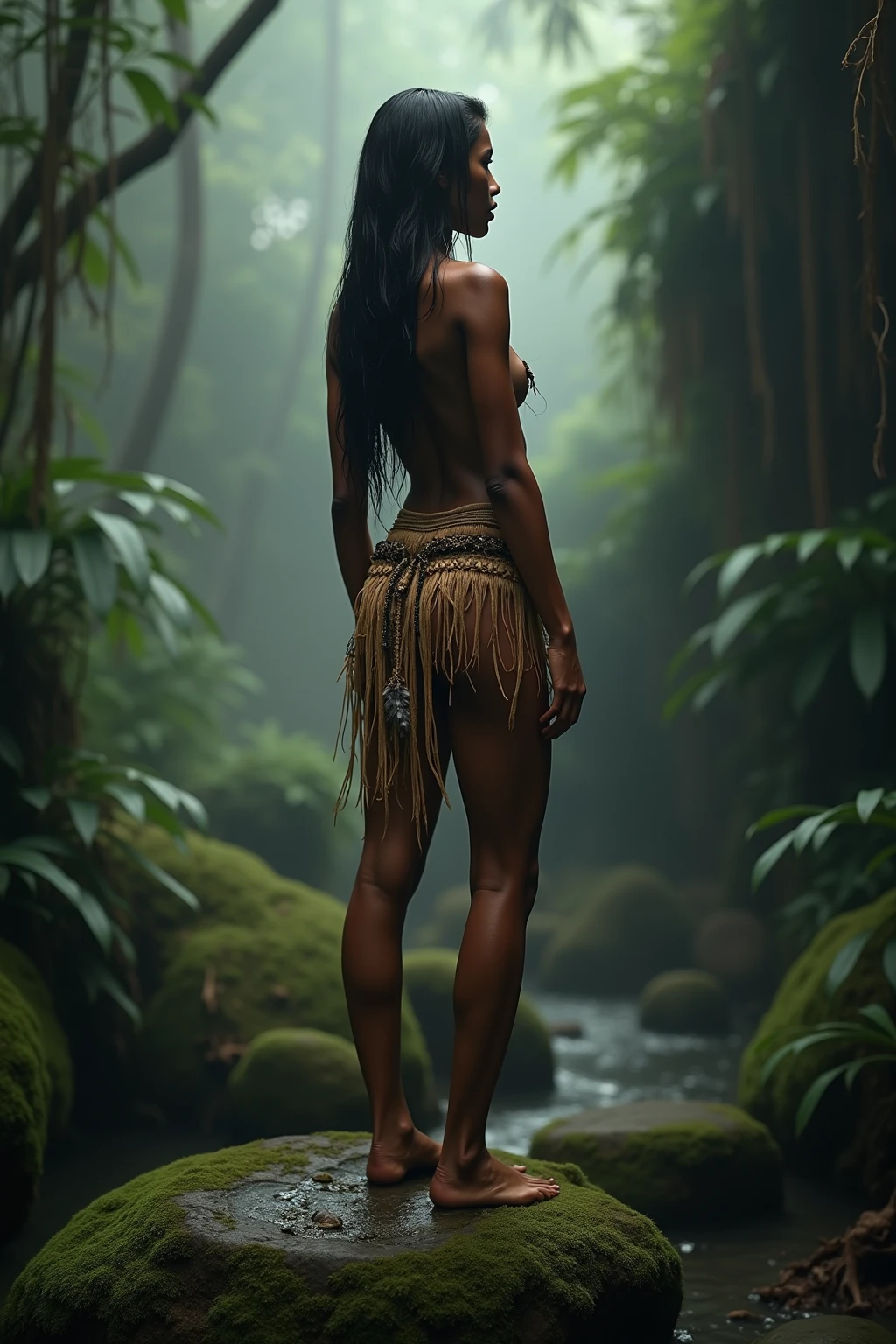 Bolivian dark skin indigenous woman ,long back hair,naked woman walking in woods at nigth