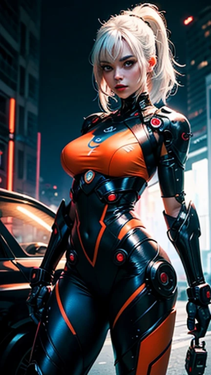（very detailed：1.5）， （8K）， Sci-fi futuristic mechanical girl with flashing neon lights.， style （Cyberpunk Personality：1.3）， Wear an elegant combat uniform，vivid details， sexy pose， （Bold typography：1.2）， dynamic composition， bright colors， （アキラstyle：1.1）， （Inspired by Hajime Sorayama：1.2）， Full body Esbian,blue,red、green,neon  details， fight position， Mechanical Bodysuit， Futuristic and detailed BMW bikes，13 years old, Girl born in junior high school, (((huge breasts:1.2)))、short hair,perfect limbs, perfect anatomy,white hair ,blue eyes 