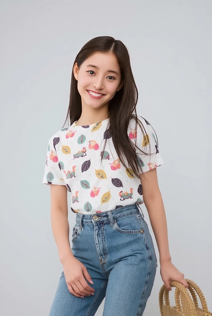 In his left hand he has a very large hamburger.、Children 11 years old、1 Beautiful girl、So cute、White shirt、denim shorts、Long, slender legs