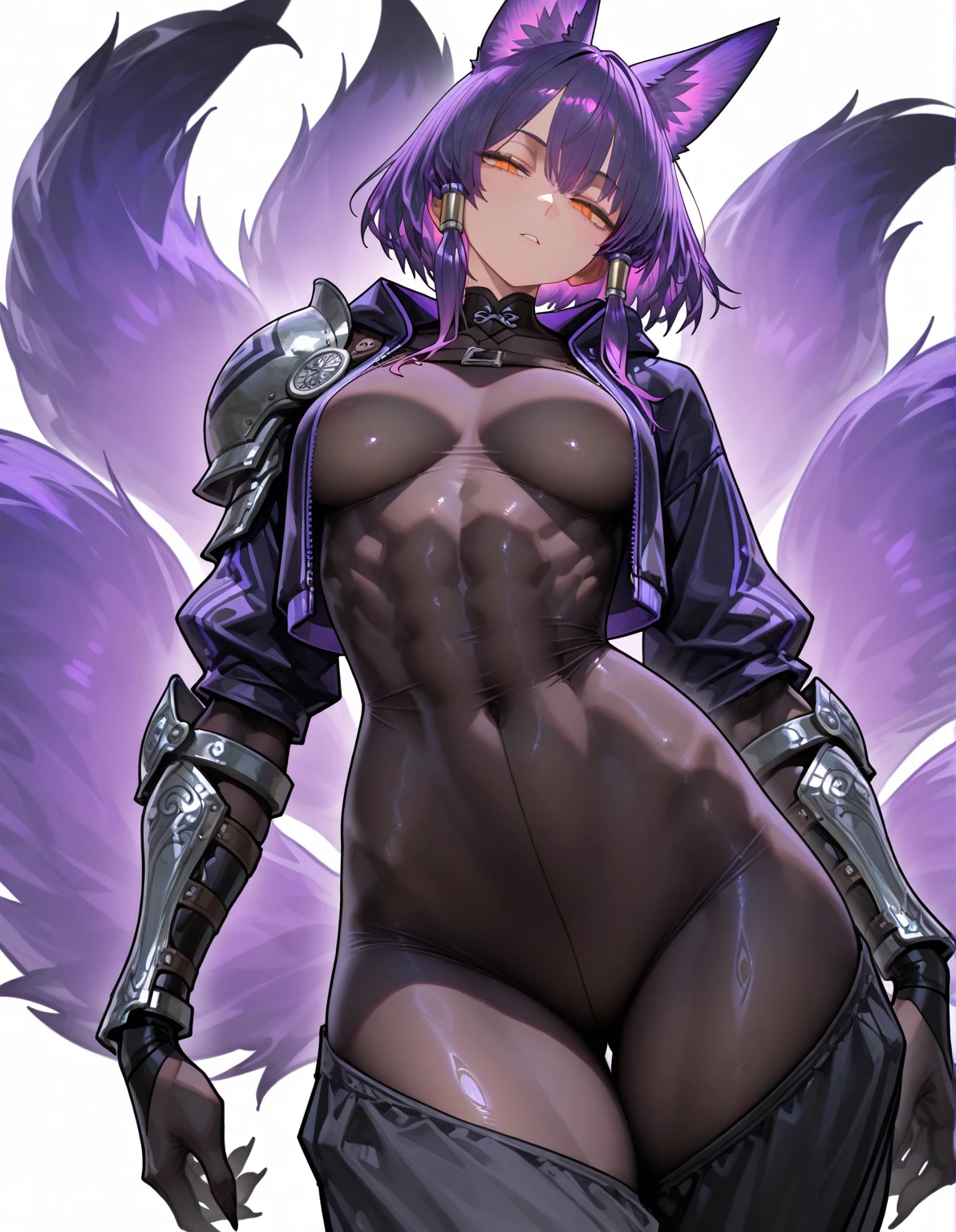Carefully draw the face　High-quality faces in anime style　Lilac short bob　huge tit　Big ass　Whip thighs　Black full body suit　Bat-print purple pantyhose　seductiv　a smile　Morrigan Aensland　crawl face down