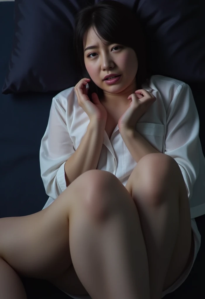 (Realistic、Like a photograph、Live Action、8K, Realistic, RAW Photos, Best image quality: 1.4), Single-lens reflex camera、RAW Photos, Highest quality, Realistic, 非常に詳細な CG Unity 8K 壁紙, Written boundary depth, Cinematic Light, Lens flare, Ray Tracing, Realistic background、Highest quality、8K.Bedroom、Young and beautiful girl、Show me your forehead、Show your forehead、Beautiful woman receives cunnilingus from handsome man、