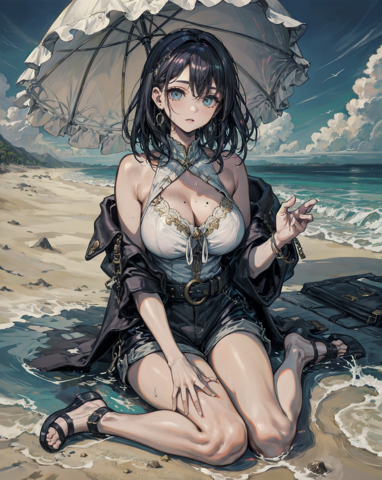 masterpiece,(Perfect ???????:1.5), highest quality, 1 lady , slender, leggy, Seductive, brown hair, (wear a white long sleeved shirt, tie, navy officer summer jacket:1.5), white bikini pantie , barefoot, Perfect hands, Perfect body, reclining, lying on a sofa, leg up , looking away, ((Exquisite detail)), Very finely crafted fingers(((10 fingers))), (full body showcase), (Show your whole body), (no background), (No logo) , high resolution, parted lips, belly button, feet up, arms behind head, hip lift