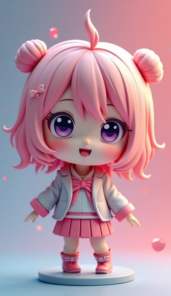 Anime chibi cute baby、（((chibi 3D |）））（best quality），（masutepiece）、Chibi Tokyo Girls Collection、Modelo de Moda、Fugitivo、Amarelo rosa Bob penteado、Abra a boca e sorria、um rosto pequeno、Standing、