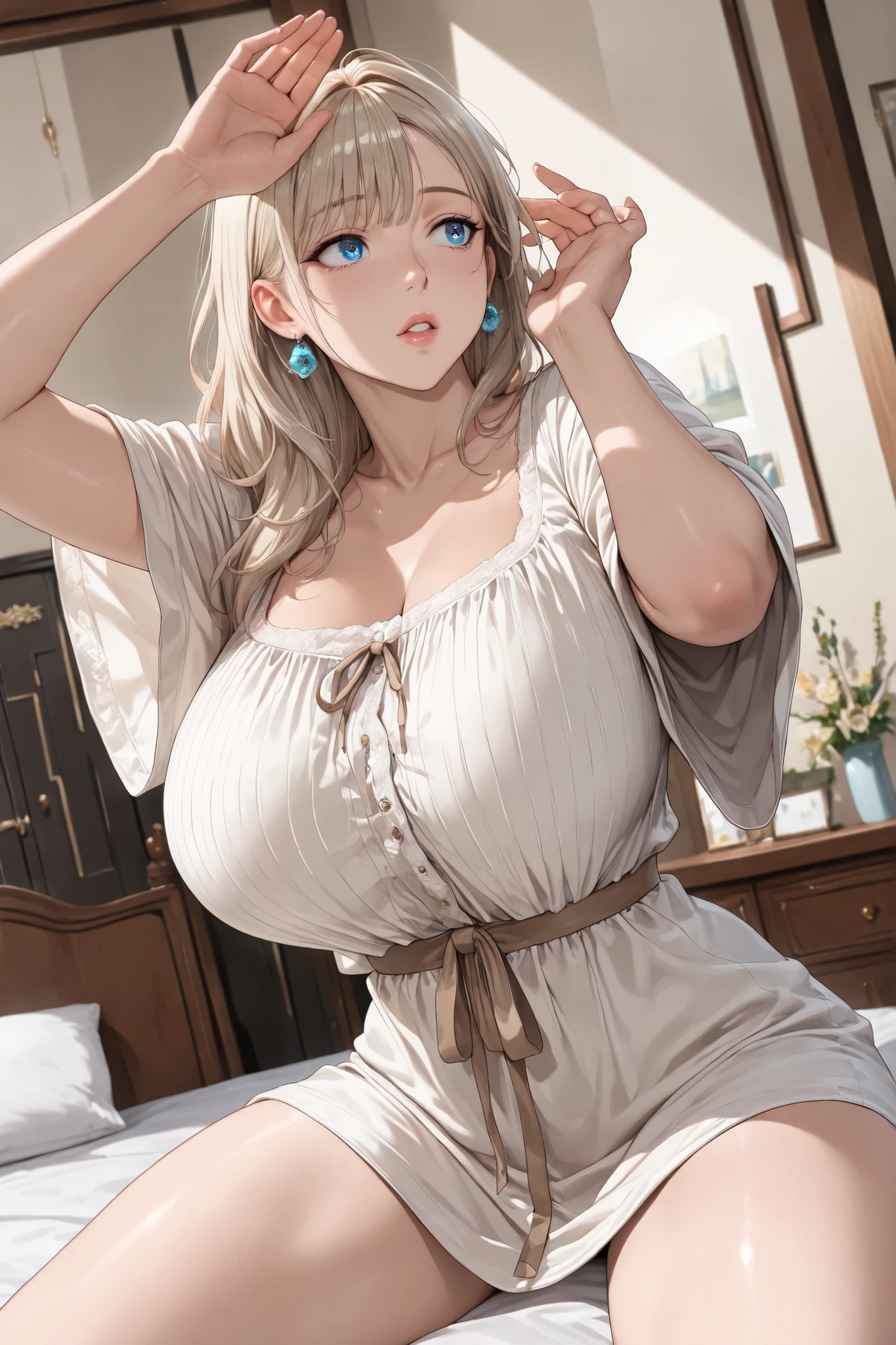 une femme esclave attacher au main avec des chaine en fer assis au sol dans une chambre, elle porte une robe blanche big breasts