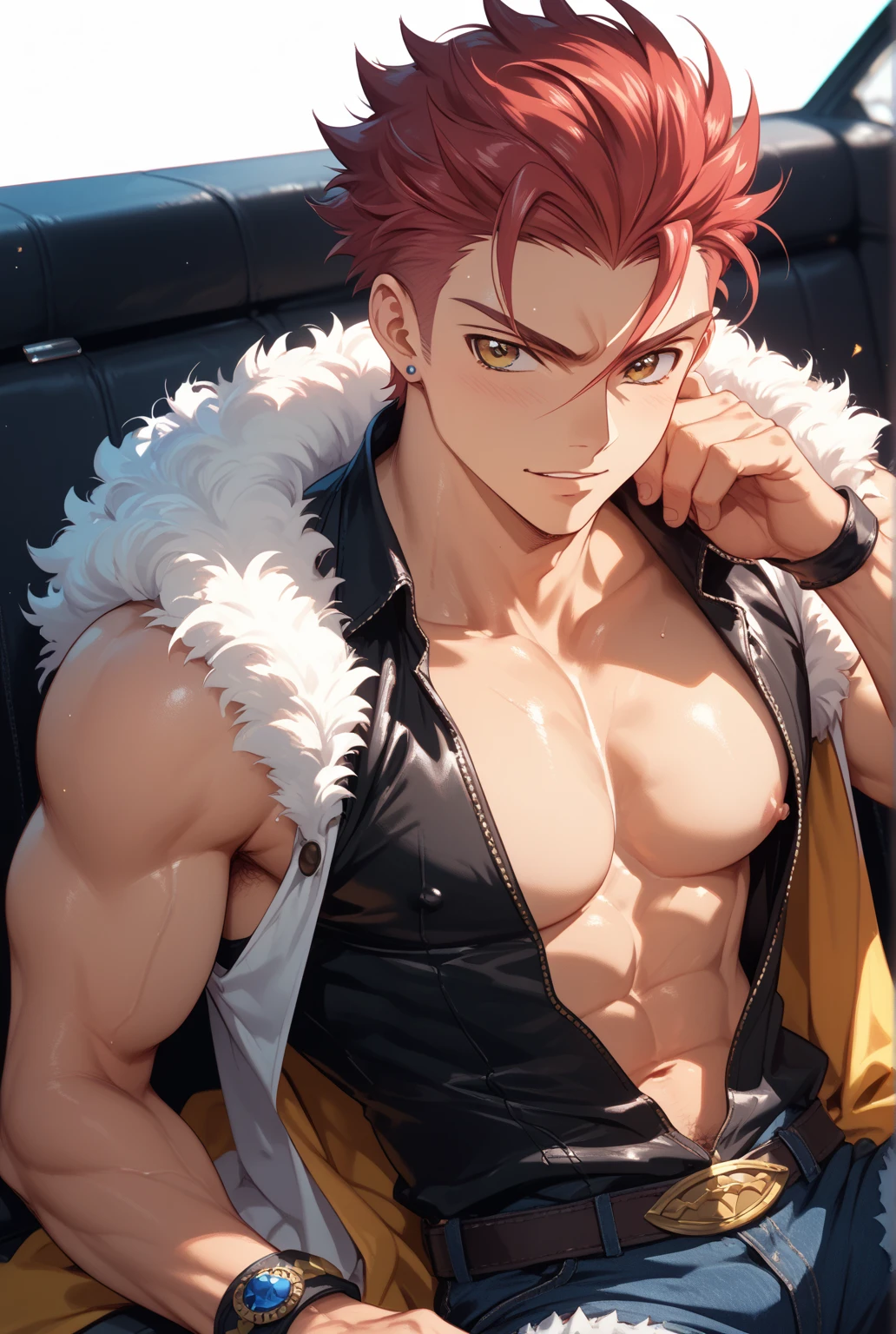 ((best quality)), ((masterpiece)), (detailed), perfect face, bara furry, rabbit man, big body, pink skin, short jackson wang red hair, yellow eyes, perfect eyes, long rabbit ears, wet body, handsome, at cafe, night background, opened shirt, red underwear