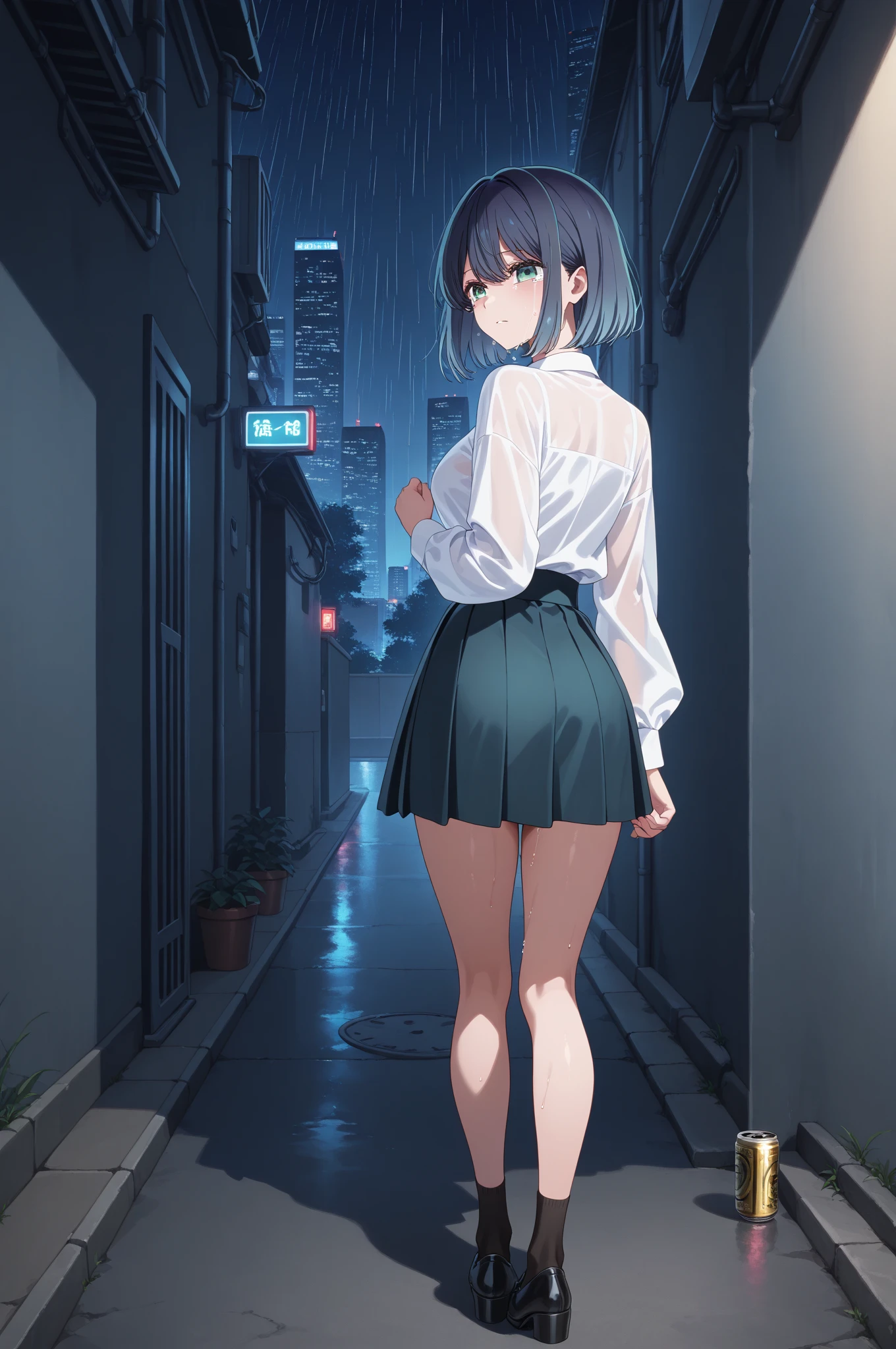 15 year old woman, 1.56 meters high, sines cup E, medium small ass, wavy hair, short hair, Black hair, toned body, White skin, black t-shirt, black miniskirt, black sneakers, without makeup, seductive pose, see full body, al lado de una ventana con vistas hacia la luna, ropa de color negro, ojos de color morado oscuro