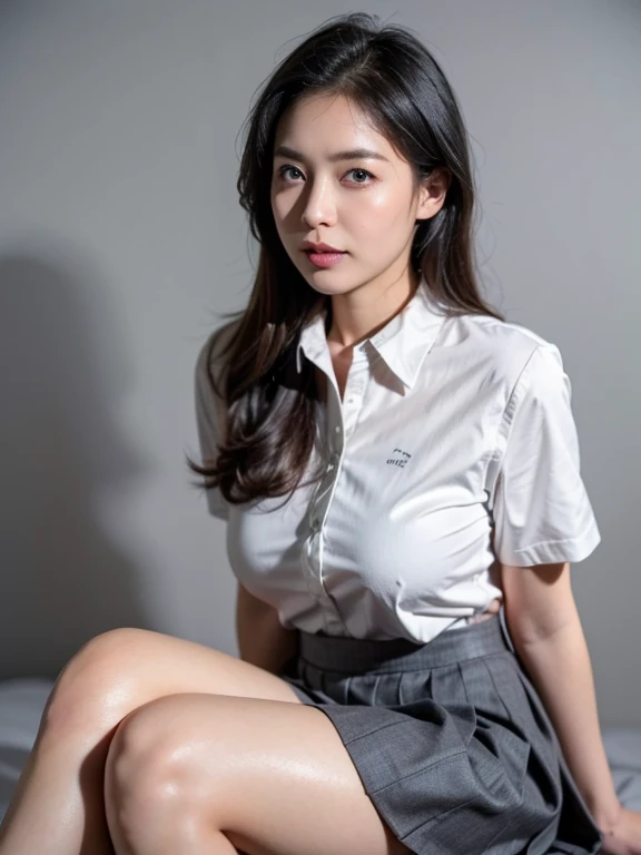 ((masterpiece:1.4))、((muste piece:1.4))、((shot from below:1.4))、((cowboy shot:1.4))、((16 year old girl:1.4))、Black long hair woman:1.7、((sitting on a hotel bed:1.4))、very sexy costume, sexy costume, ((White long-sleeved collared shirt:1.4))、((Wearing white thong panties:1.4))、((A woman with a scared expression:1.4))、