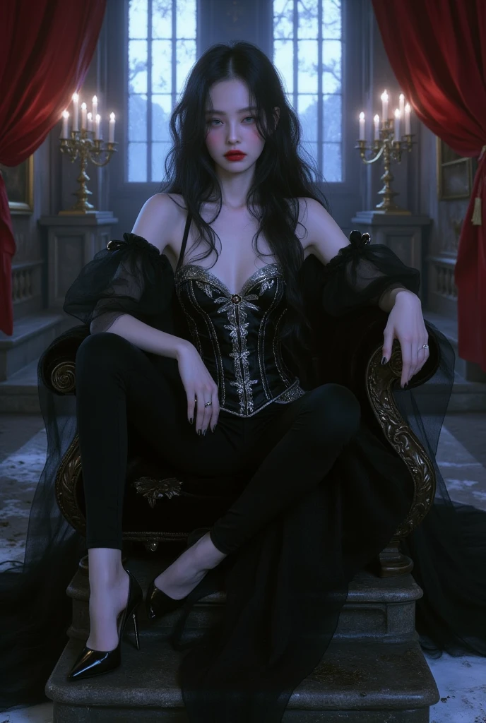 masterpice, Produce an ultra-realistic Instagram model of a beautiful woman: one woman, high heel sandals, full body, long black hair,black eyes, soft skin, sitting on a throne, legs open , beautiful black dress, big breast, part of breast out, The image has a high resolution of 4K, with soft, natural lighting that enhances the model's skin tones and the black color of their outfit, her legs uncovered, black lips, white skin, a sexy lady, a beautiful lady, and a beautiful face. perfect face, pretty face, goddess face